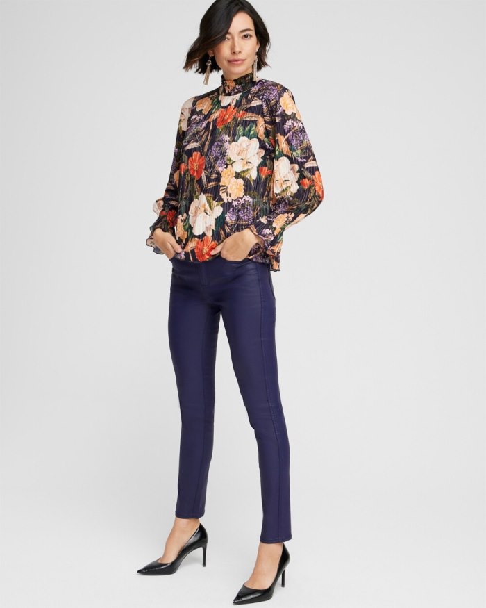 Women's Floral Mock Neck Crinkle Top - Dewberry