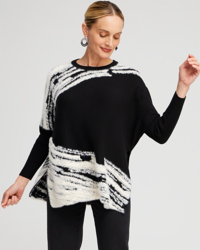 Women's Cashmere Blend Jacquard Sweater Poncho - Black - Click Image to Close