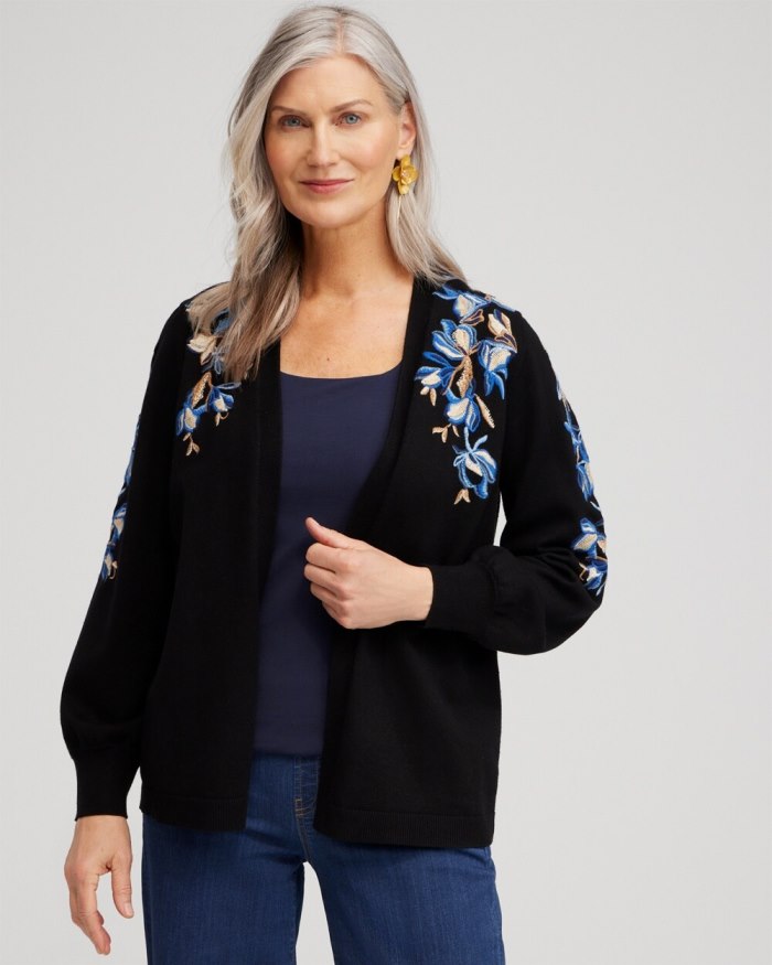 Women's Floral Embroidered Cardigan - Black - Click Image to Close