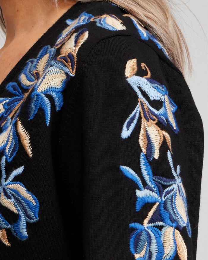 Women's Floral Embroidered Cardigan - Black