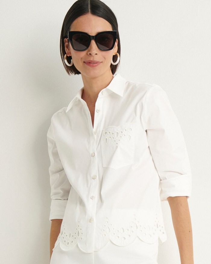 Women's Poplin Eyelet Hem Shirt - Alabaster - Click Image to Close