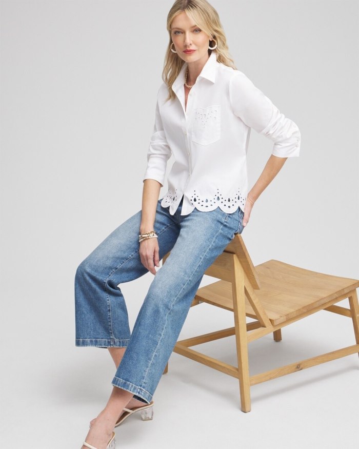 Women's Poplin Eyelet Hem Shirt - Alabaster