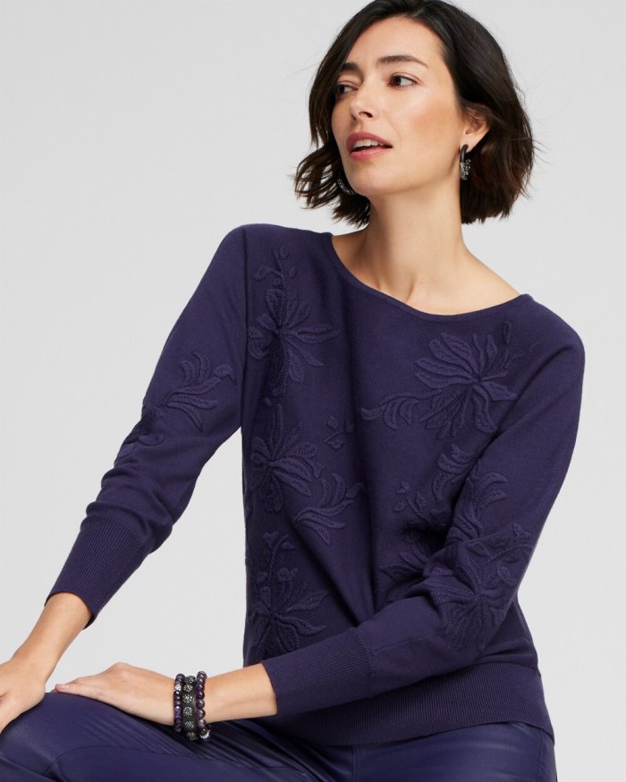 Women's Purple Textured Floral Pullover Sweater - Dewberry - Click Image to Close