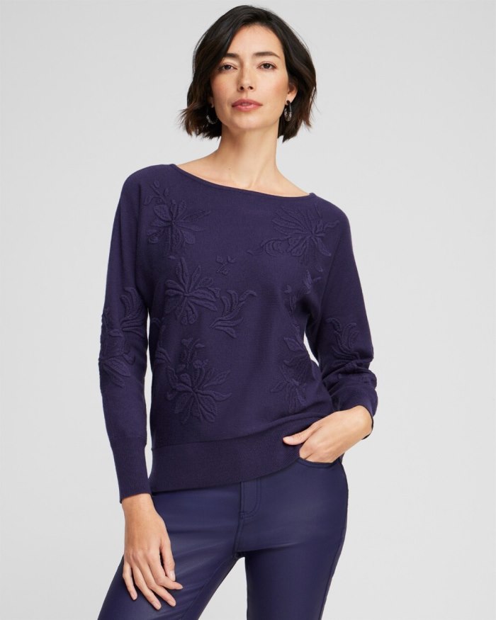 Women's Purple Textured Floral Pullover Sweater - Dewberry