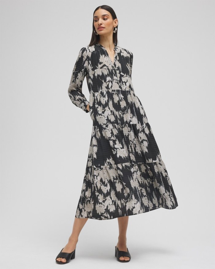 Women's Floral Tiered Midi Dress - Black - Click Image to Close