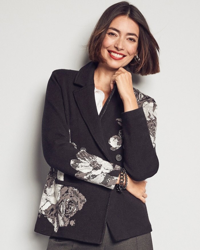 Women's Floral Jacquard Jacket - Black - Click Image to Close