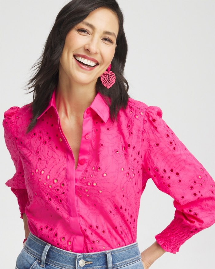 Women's Eyelet Shirt - PINK BROMELIAD - Click Image to Close