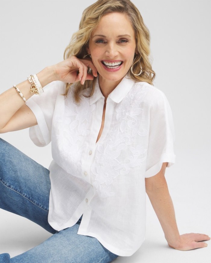 Women's Linen Embroidered Applique Shirt - Alabaster