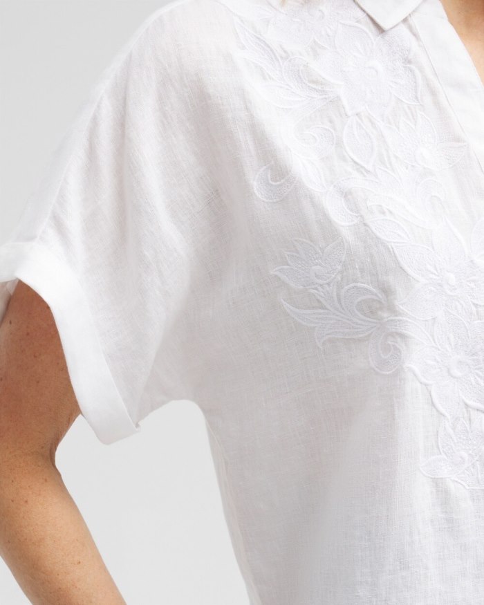 Women's Linen Embroidered Applique Shirt - Alabaster