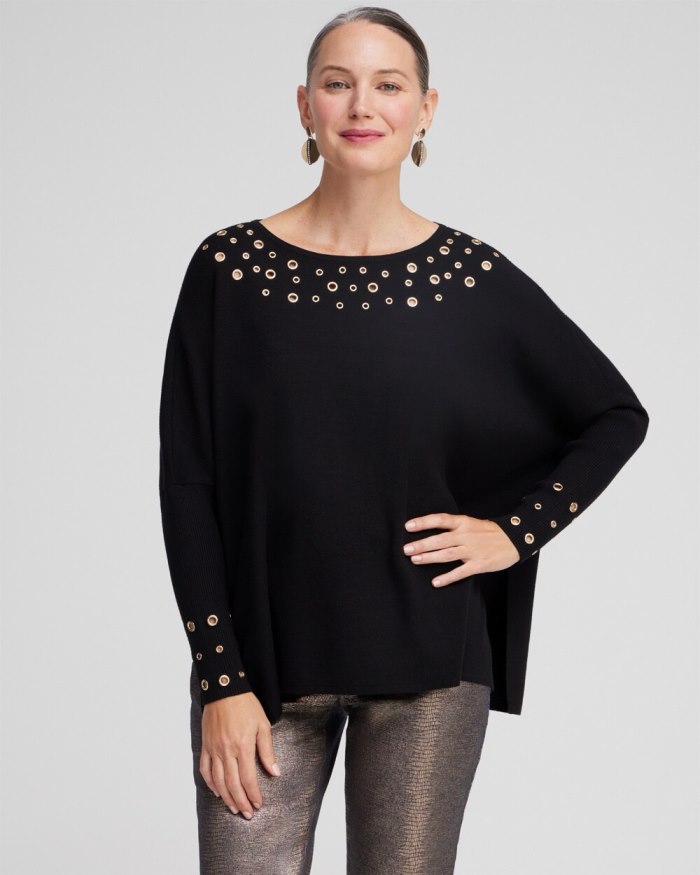 Women's Grommet Detail Sweater Poncho - Black - Click Image to Close