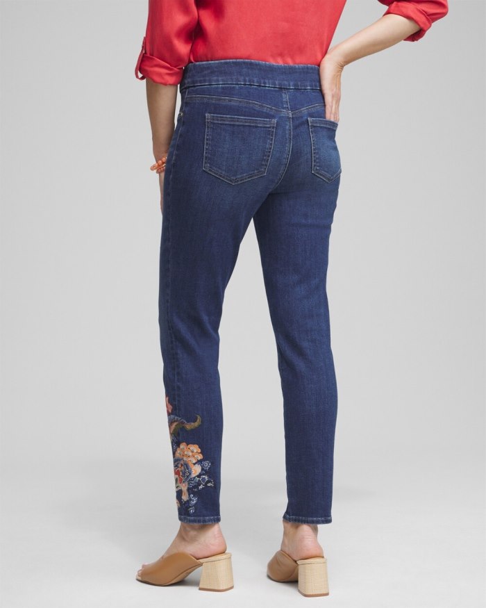 Women's Embroidered Pull-on Ankle Jeggings - Marina Bay Indigo