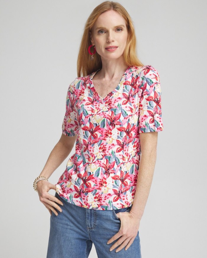 Women's Floral Everyday V-neck Tee - Watermelon Punch - Click Image to Close