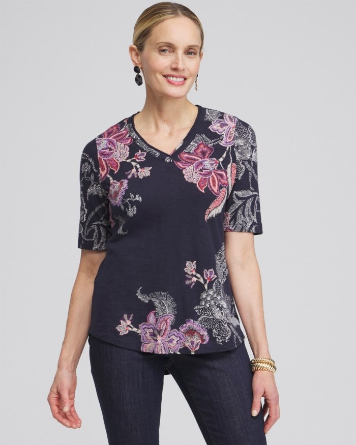 Women's Placed Floral Elbow Sleeve A-line Tee - Ginger Rose - Click Image to Close