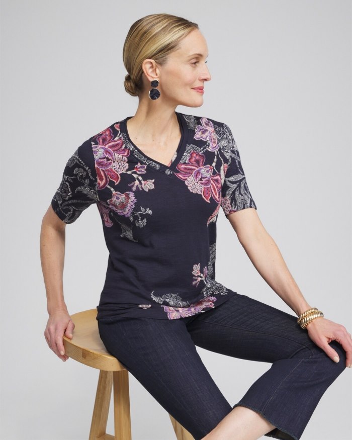 Women's Placed Floral Elbow Sleeve A-line Tee - Ginger Rose