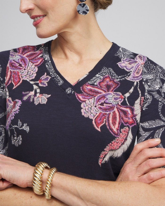 Women's Placed Floral Elbow Sleeve A-line Tee - Ginger Rose