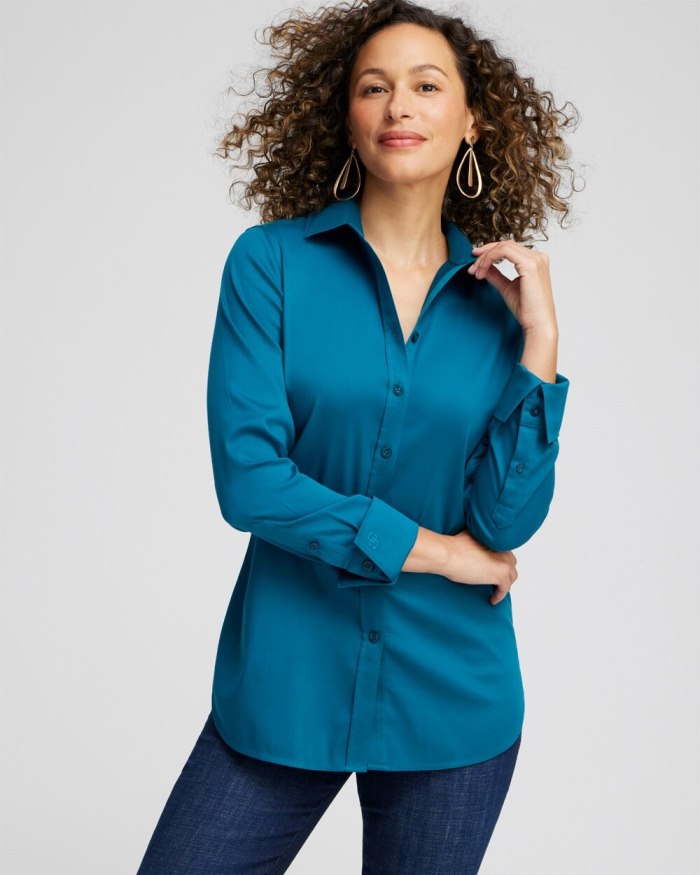 Women's No Iron Stretch Shirt - Moonlit Teal - Click Image to Close