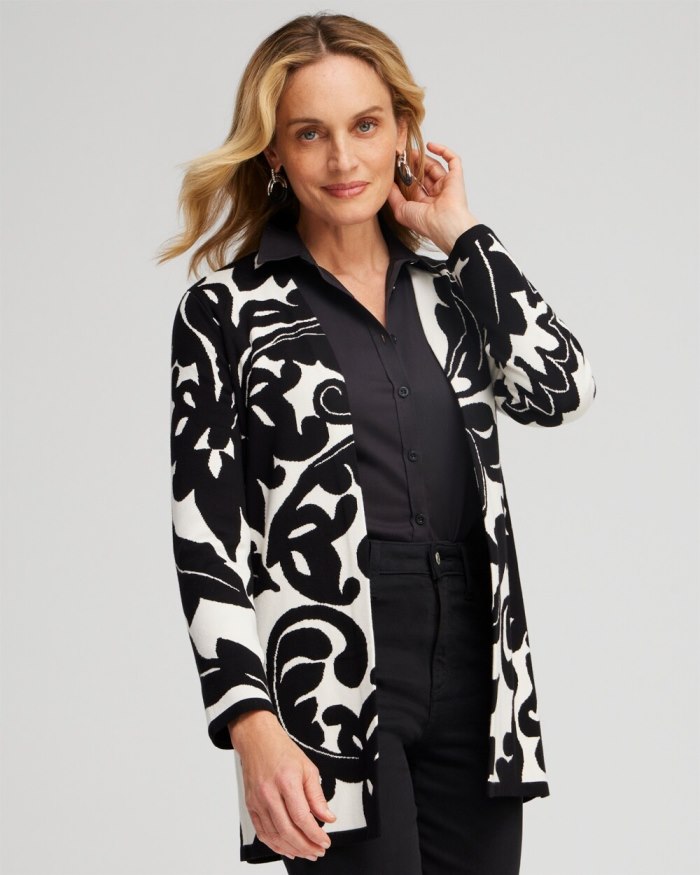 Women's Double Knit Scroll Print Cardigan - Black - Click Image to Close