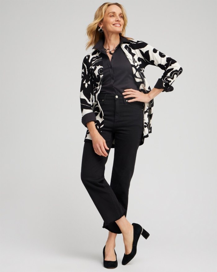 Women's Double Knit Scroll Print Cardigan - Black