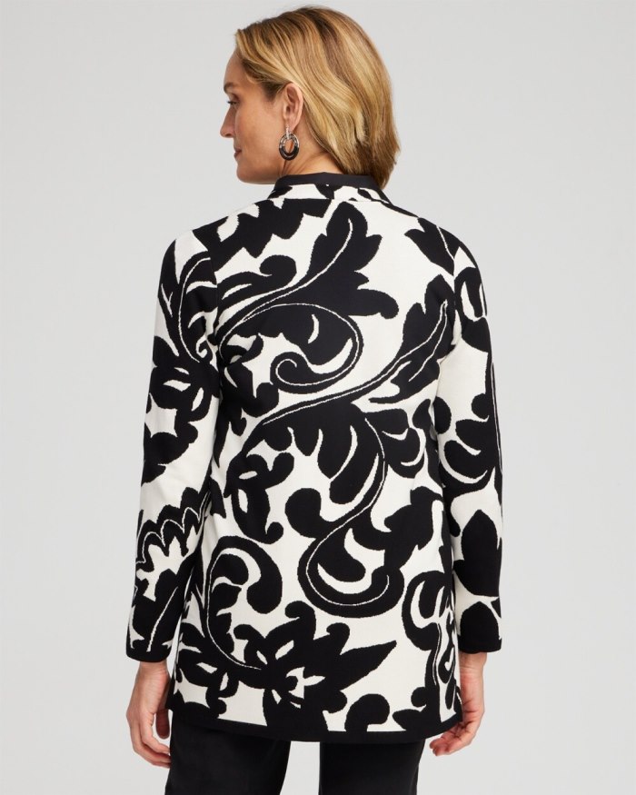 Women's Double Knit Scroll Print Cardigan - Black