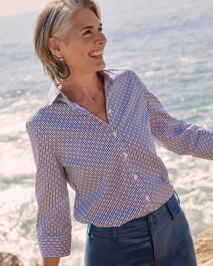 Women's No Iron Stretch Dot Stripe Shirt - Azores Blue - Click Image to Close