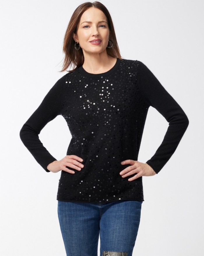 Women's Cashmere Sequin Crew Neck Sweater - Black - Click Image to Close