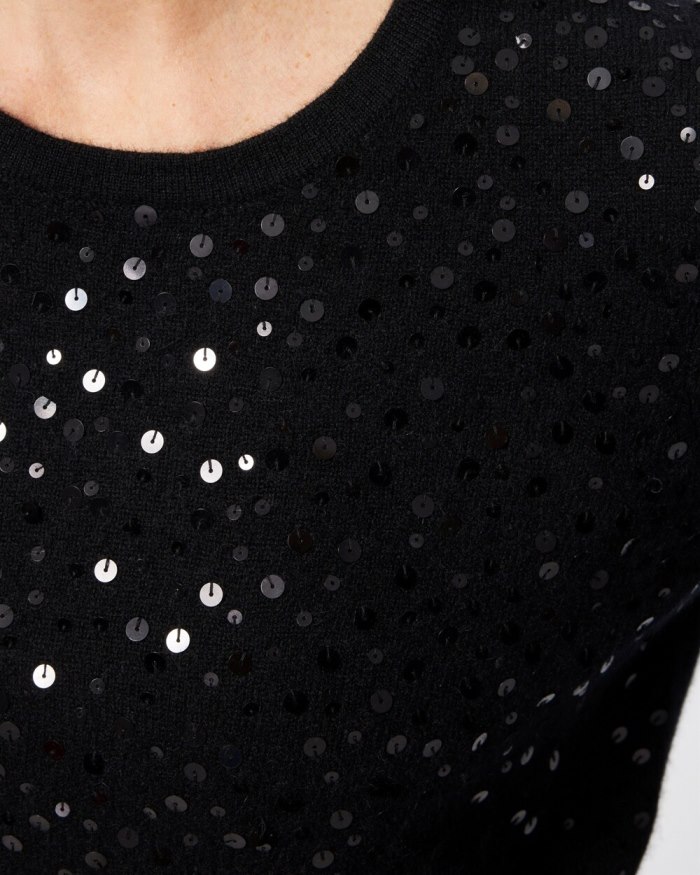 Women's Cashmere Sequin Crew Neck Sweater - Black