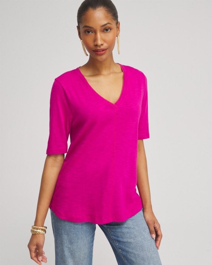 Women's Elbow Sleeve A-line Tee - Magenta Rose - Click Image to Close