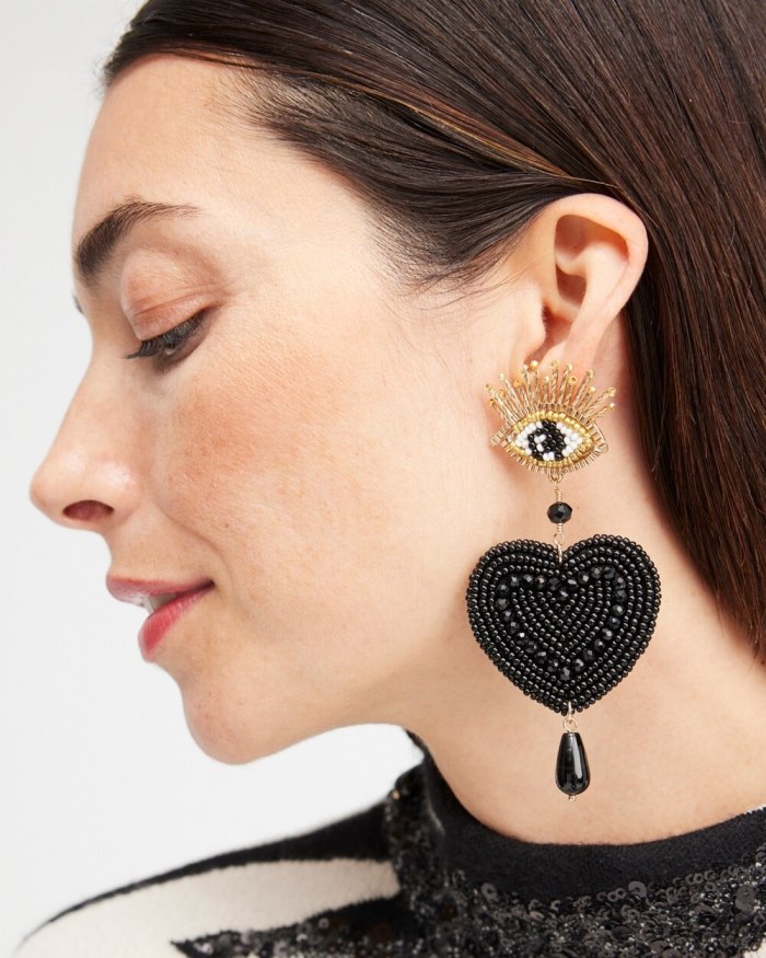 Women's Beaded Heart Drop Earrings - Gold