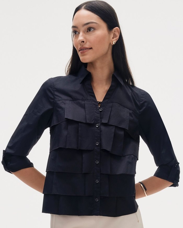 Women's Poplin Ruffle Shirt - Black