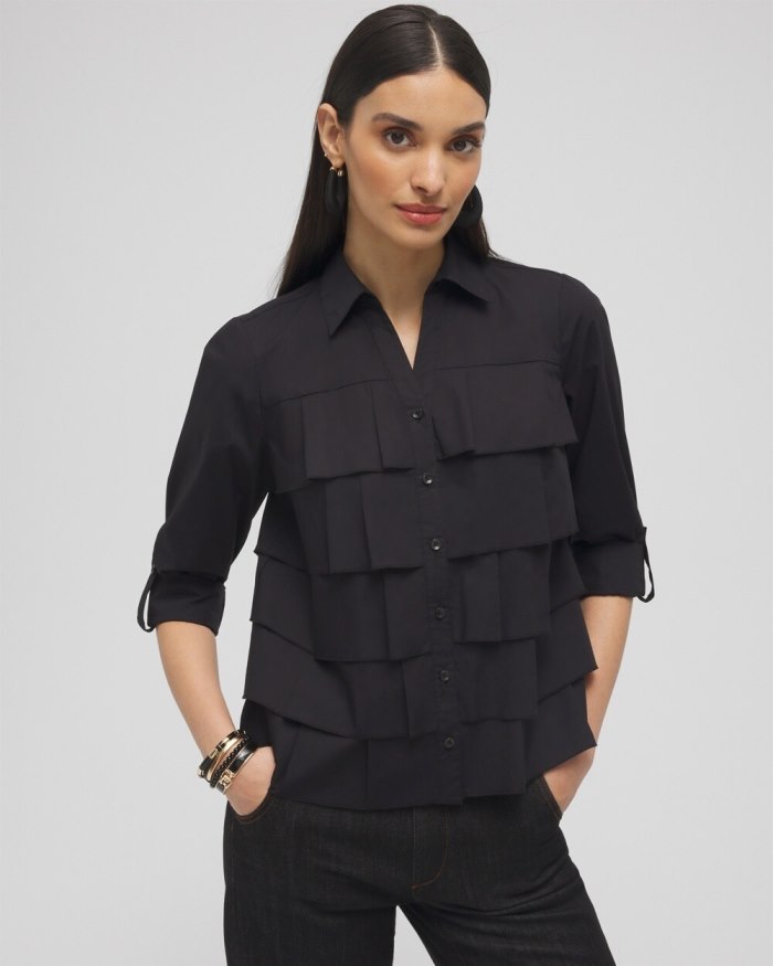 Women's Poplin Ruffle Shirt - Black