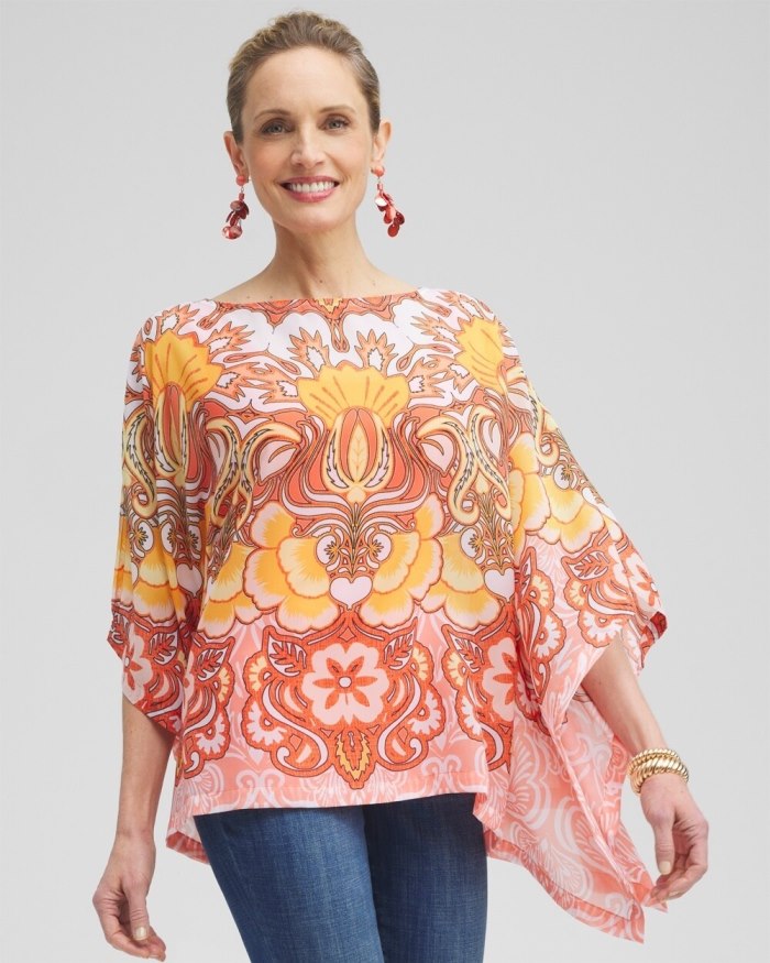 Women's Chiffon Paisley Poncho - Coral Ice