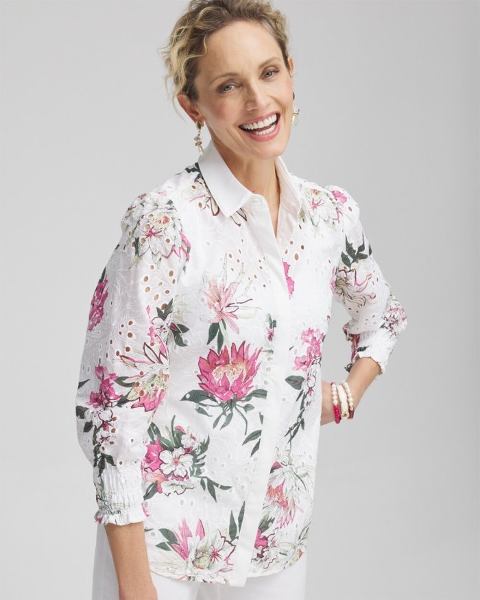 Women's Floral Eyelet Shirt - PINK BROMELIAD - Click Image to Close