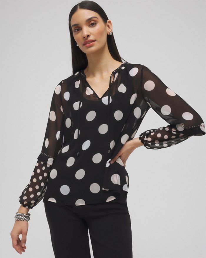 Women's Studded Polka Dot Blouse - Black