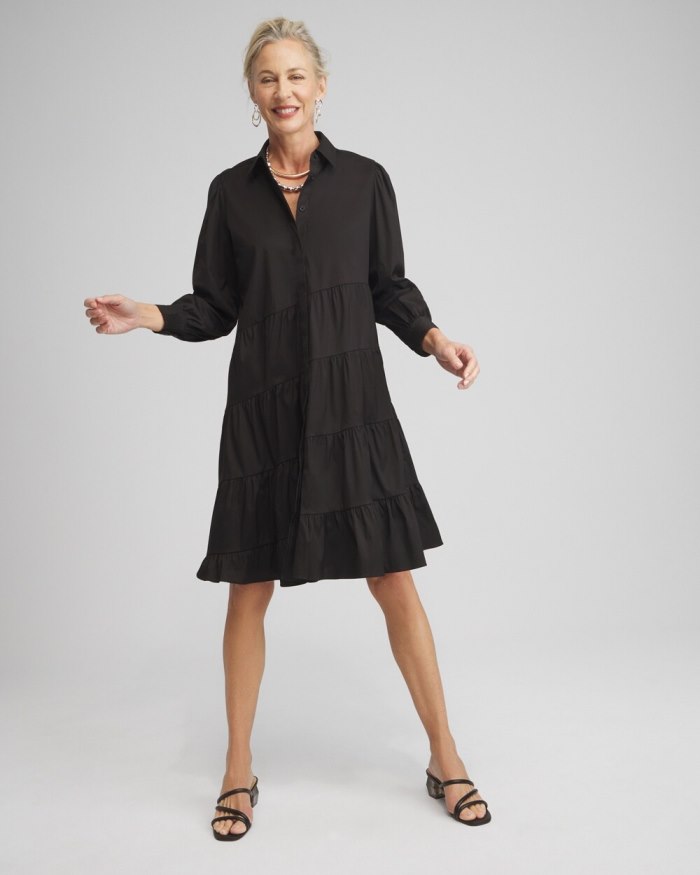 Women's Poplin Asymmetrical Tiered Shirt Dress - Soft Slate