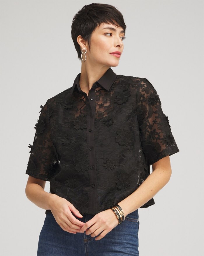 Women's Lace Applique Shirt - Black - Click Image to Close