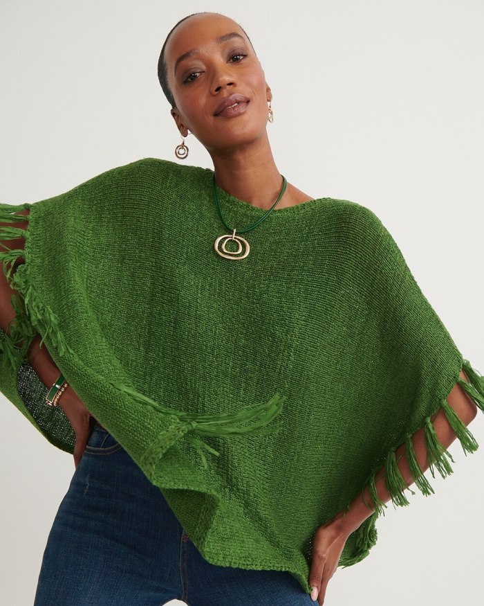 Women's Fringe Knit Poncho - Verdant Green - Click Image to Close