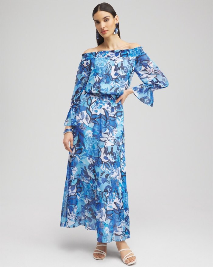 Women's Chiffon Floral Maxi Dress - Classic Navy - Click Image to Close