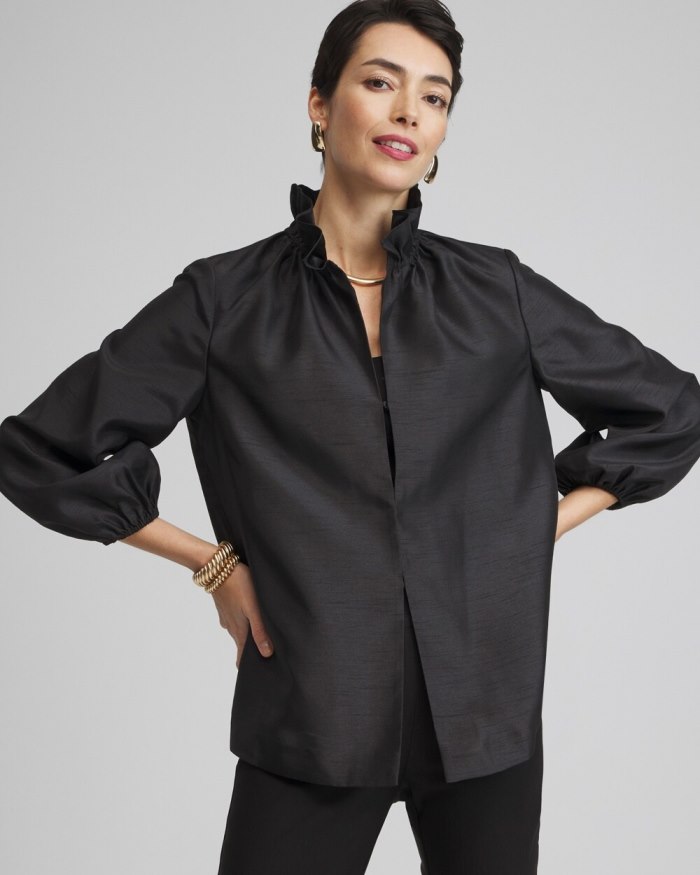 Women's Satin Ruffle Collar Jacket - Black - Click Image to Close