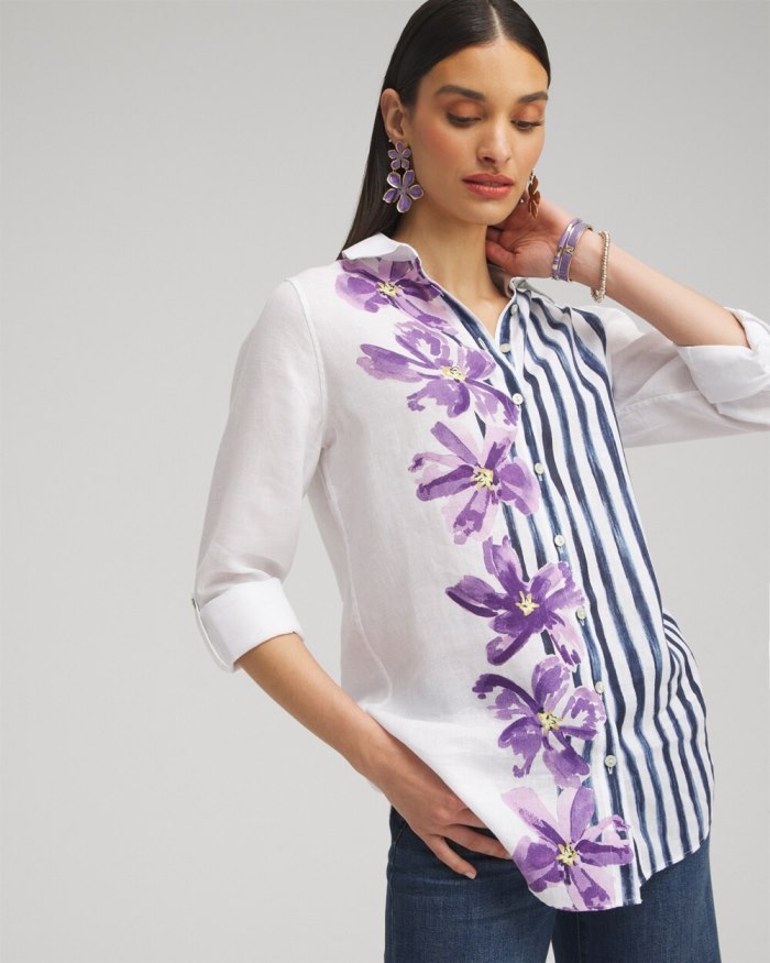 Women's No Iron Linen Mixed Print Tunic - Parisian Purple