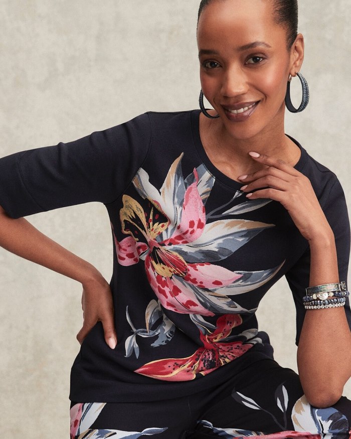 Women's Floral Jewel Neck Tee - Classic Navy