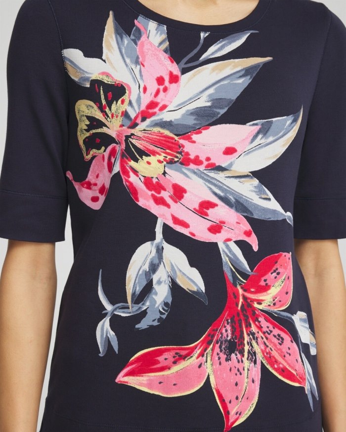 Women's Floral Jewel Neck Tee - Classic Navy