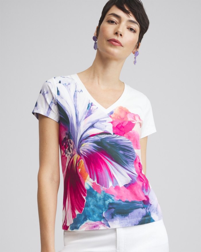 Women's Floral V-neck Perfect Tee - Alabaster - Click Image to Close