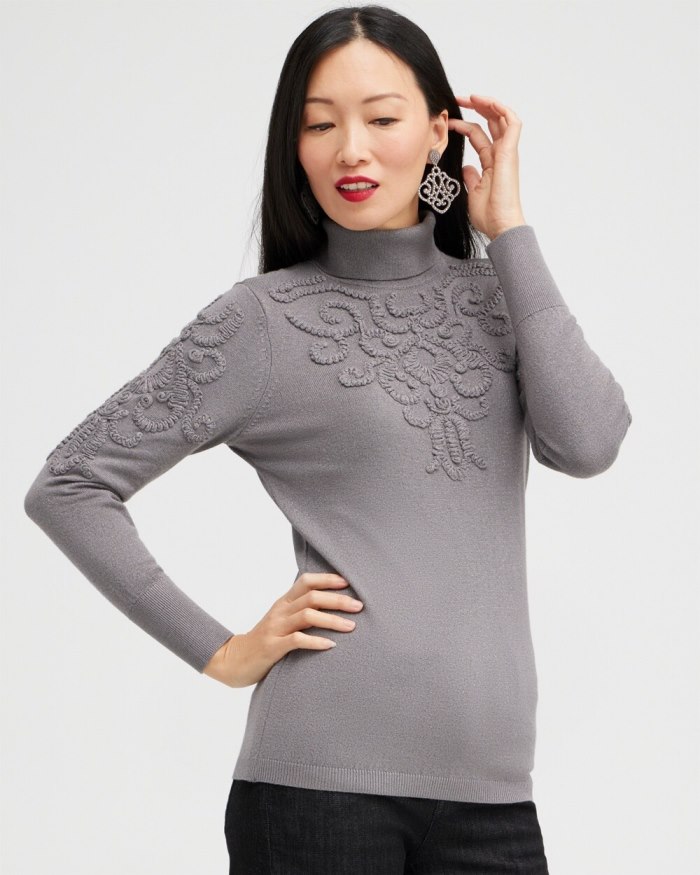 Women's Silver Soutache Turtleneck Sweater - Gray - Click Image to Close