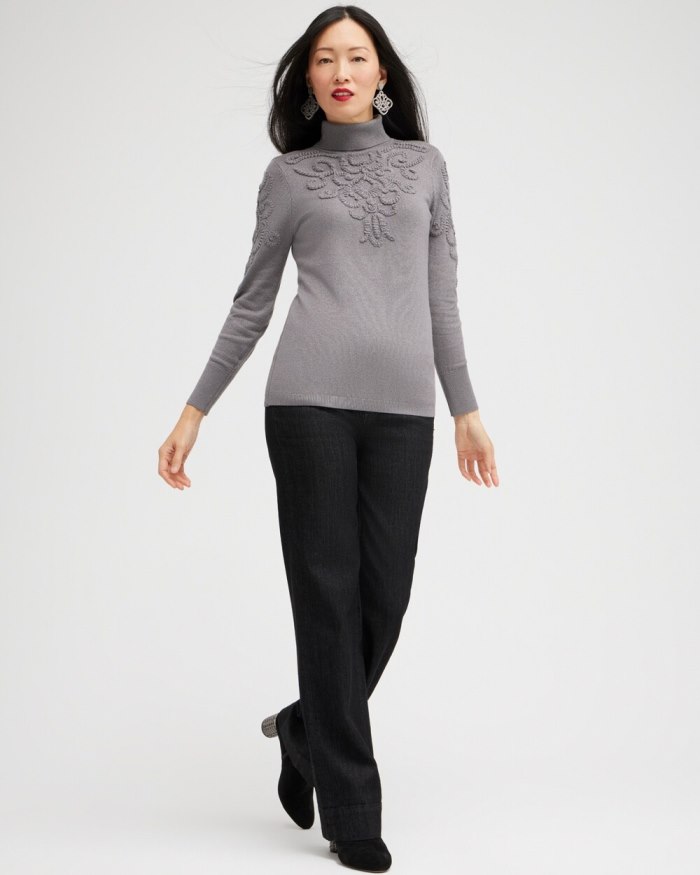 Women's Silver Soutache Turtleneck Sweater - Gray