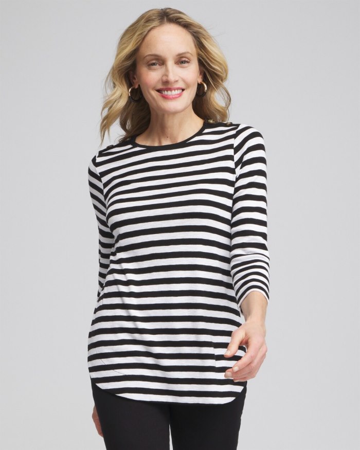 Women's Stripe Button Trim Ribbed Tunic - Black