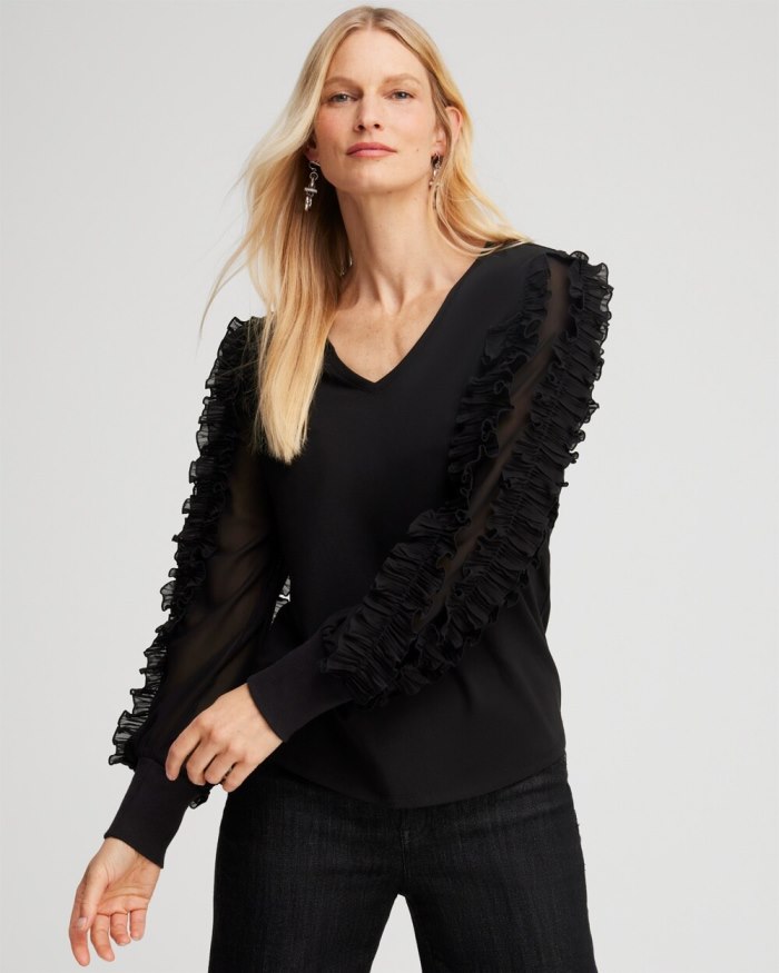 Women's Chiffon Pleat Sleeve Tee - Black