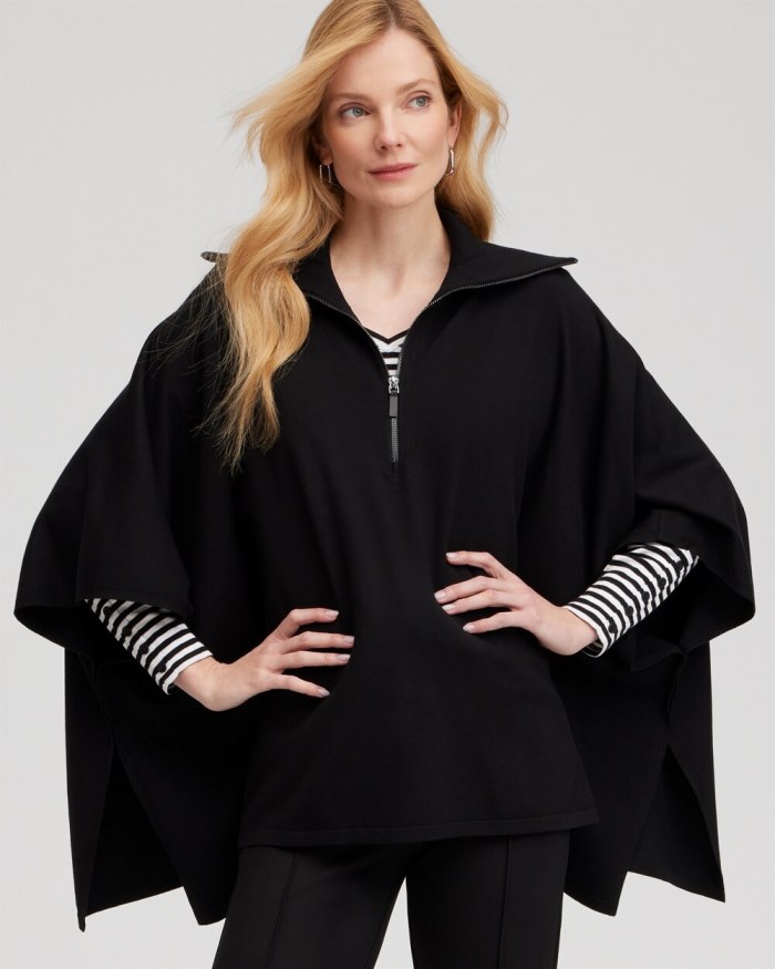 Women's Zip Collar Sweater Poncho - Black