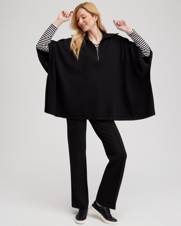 Women's Zip Collar Sweater Poncho - Black