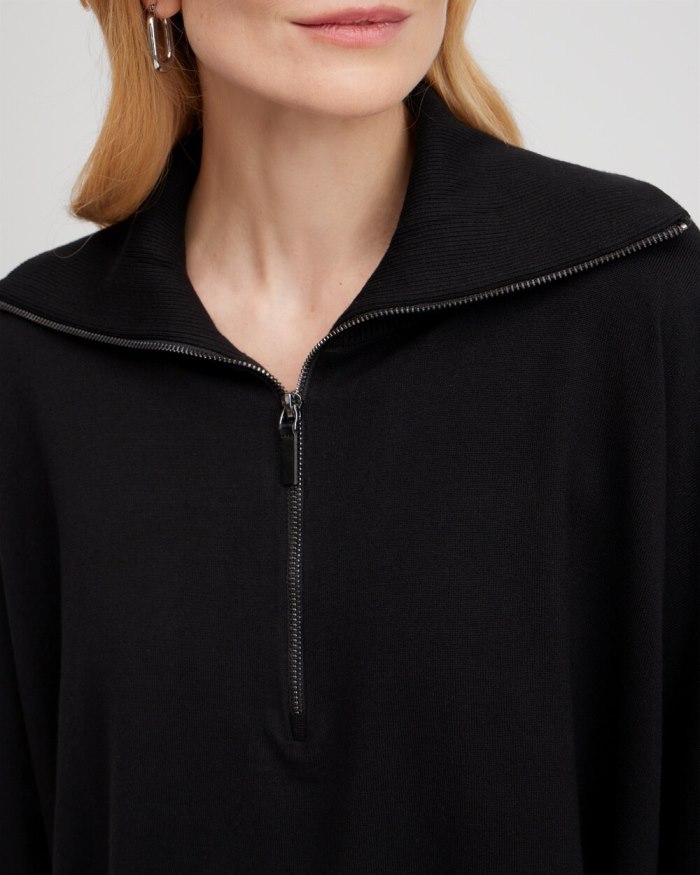 Women's Zip Collar Sweater Poncho - Black