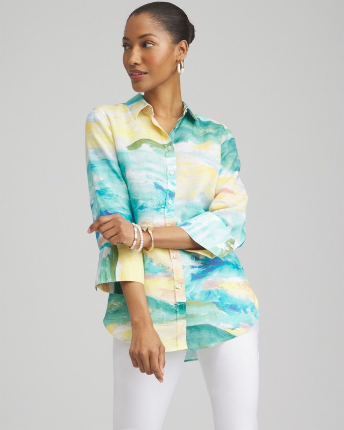 Women's No Iron Linen Watercolor 3/4 Sleeve Shirt - Cool Water